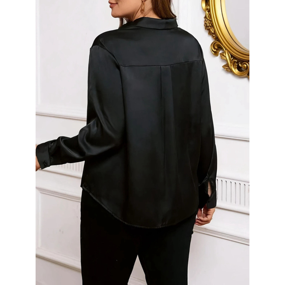 Plus Size Black Satin Blouse – Button-Up Top Size 4X Satin Shirt in Black - Picture 2 of 3